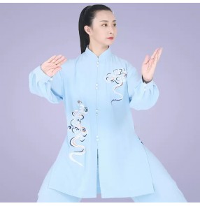 Blue Tai Chi Clothing for women chinese dragon kung fu martial arts competition wushu performance costumes for unisex 